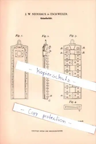 Original Patent - J. W. Neinhaus in Eschweiler , 1897 , Koksofenthür !!!