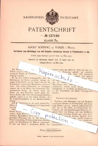 Original Patent - Adolf Soeding in Vörde i. Westf. , Verfahren zum Befestigen von Dornen in Fischbändern !!!