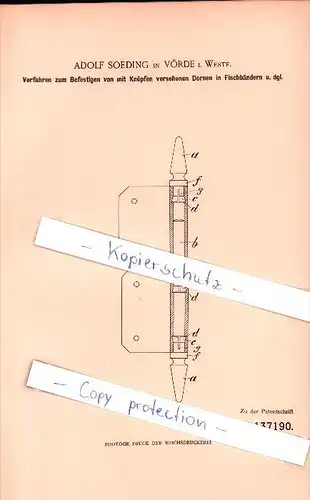 Original Patent - Adolf Soeding in Vörde i. Westf. , Verfahren zum Befestigen von Dornen in Fischbändern !!!