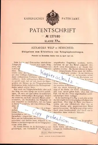 Original Patent - Alexander Welp in Remscheid , 1902 , Steigeisen zum Erklettern von Telegraphenstangen !!!