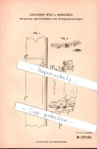 Original Patent - Alexander Welp in Remscheid , 1902 , Steigeisen zum Erklettern von Telegraphenstangen !!!