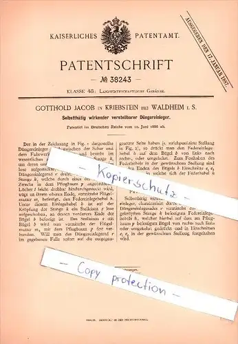 Original Patent - Gotthold Jacob in Kriebstein bei Waldheim , 1886 , Landwirtschaftliche Geräthe !!!
