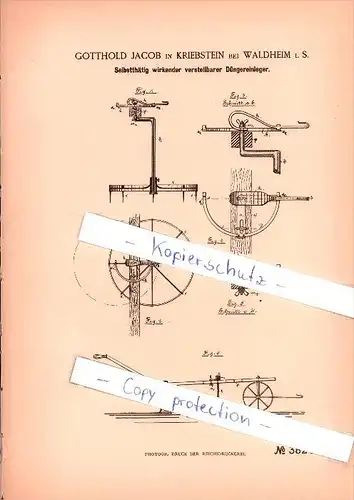 Original Patent - Gotthold Jacob in Kriebstein bei Waldheim , 1886 , Landwirtschaftliche Geräthe !!!