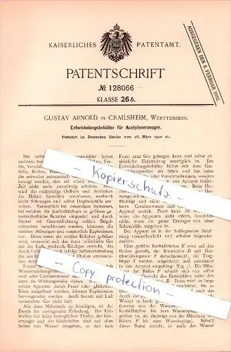 Original Patent - Gustav Arnold in Crailsheim, Würtemberg , 1900 , Entwicklungsbehälter für Acetylenerzeuger !!!