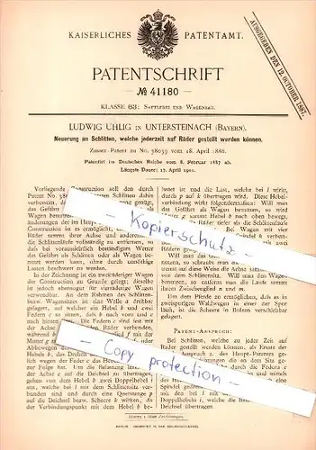 Original Patent - Ludwig Uhlig in Untersteinach , Bayern , 1901 ,  Neuerung an Schlitten , Wagen , Kutsche , Droschke !!