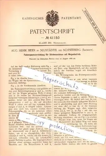 Original Patent - Aug. Herm. Meier in Neustädtel bei Schneeberg , 1886 , Fadenspannvorrichtung für Stickmaschinen  !!!