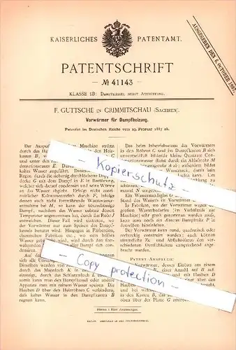 Original Patent - F. Guttsche in Grimmitschau (Sachsen) , 1887 , Vorwärmer für Dampfheizung!!!