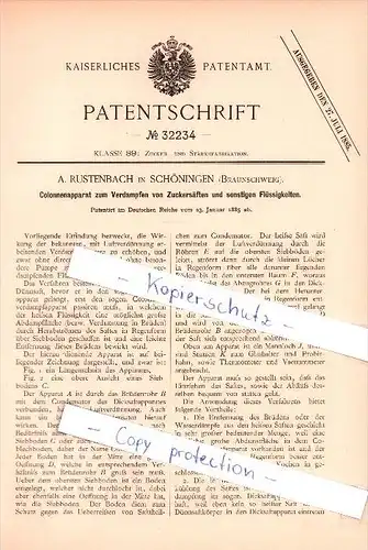 Original Patent - A. Rustenbach in Schöningen , 1885 , Colonnenapparat zum Verdampfen von Flüssigkeiten !!!