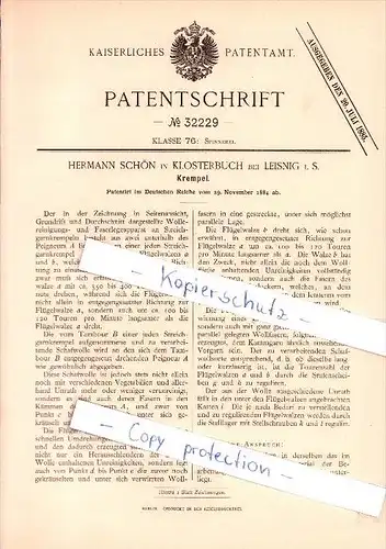 Original Patent - Hermann Schön in Klosterbuch bei Leisnig i. S. , 1884 , Krempel !!!