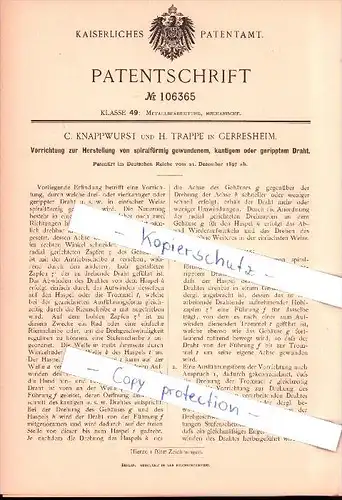 Original Patent - C. Knappwurst und H. Trappe in Gerresheim , 1897 , Herstellung von kantigem oder geripptem Draht !!!