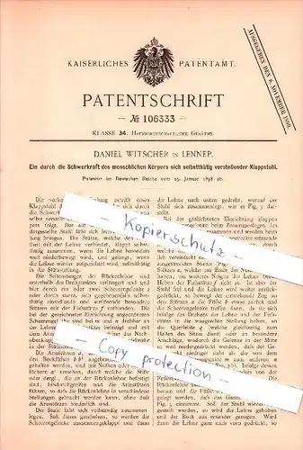 Original Patent - Daniel Witscher in Lennep , 1898 , durch Schwerkraft  selbstthätig verstellender Klappstuhl !!!