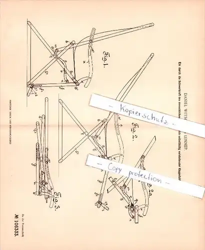 Original Patent - Daniel Witscher in Lennep , 1898 , durch Schwerkraft  selbstthätig verstellender Klappstuhl !!!