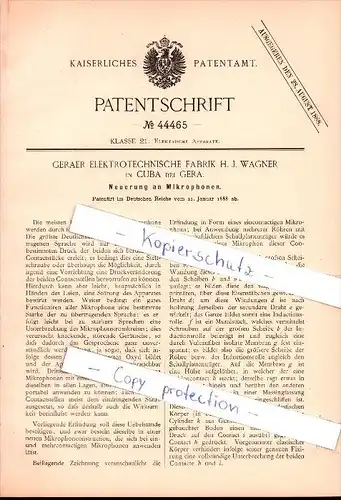 Original Patent - Geraer Elektrotechnische Fabrik H.J. Wagner in Cuba bei Gera , 1888 , Neuerung Mikrophone !!!