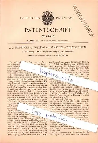 Original Patent - J.D. Dominicus in Fürberg bei Remscheid - Vieringhausen ,1887, Einspanner für Gegenstände , Metalllbau