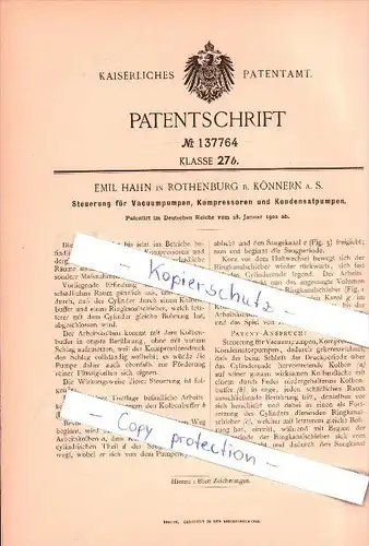 Original Patent - Emil Hahn in Rothenburg b. Könnern , 1902 , Steuerung für Vacuumpumpen, Kompressoren, Pumpen   !!!