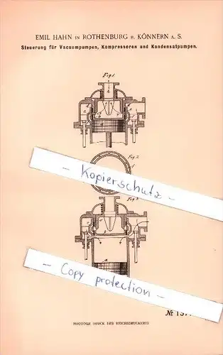 Original Patent - Emil Hahn in Rothenburg b. Könnern , 1902 , Steuerung für Vacuumpumpen, Kompressoren, Pumpen   !!!