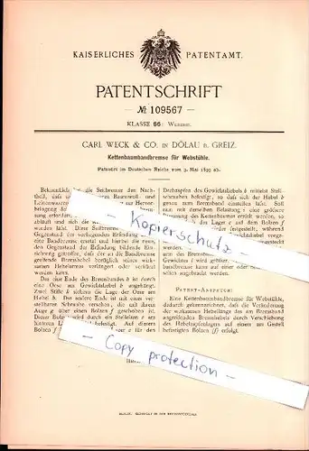 Original Patent - Carl Weck & Co. in Dölau , 1899 , Kettenbaumbandbremse für Webstühle , Weberei  !!!