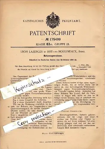 Original Patent - Leon Lazerges à Issy les Moulineaux , Seine , 1904 , Cadre pour l'automobile , Automobile !!!