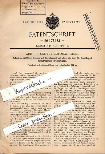 Original Patent - Arthur Poeffel in Losoncz / Lucenec , 1902 , Petroleum - Glühlicht - Brenner , Slowakei !!!