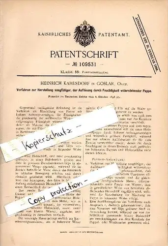 Original Patent - Heinrich Kahlsdorf in Goslar , Oker , 1898 , Herstellung von Pappe , Papier !!!