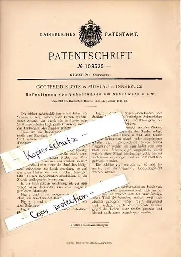 Original Patent - Gottfried Klotz in Mühlau b. Innsbruck , 1899 , Befestigung für Schuhe , Schuhmacher , Schuster !!!