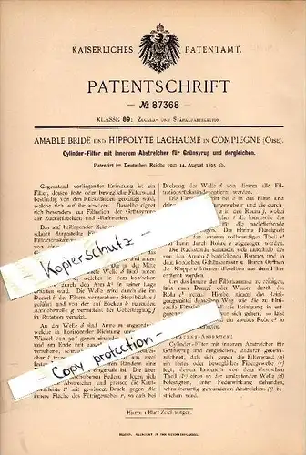 Original Patent - A. Bride et H. Lachaume à Compiegne , Oise , 1895 , Filtre pour sirop , usine de sucre !!!