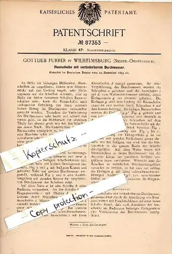 Original Patent - Gottlieb Furrer in Wilhelmsburg , Niederösterreich , 1895 , veränderbare Riemenscheibe , Maschinenbau