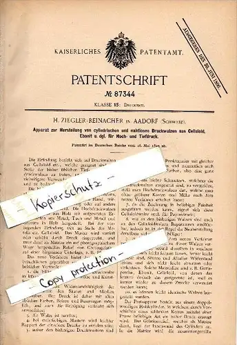 Original Patent - H. Ziegler - Reinacher in Aadorf , Schweiz , 1895 , Herstellung von Druckwalzen , Druckerei , Druck !!