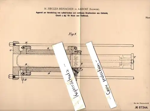 Original Patent - H. Ziegler - Reinacher in Aadorf , Schweiz , 1895 , Herstellung von Druckwalzen , Druckerei , Druck !!