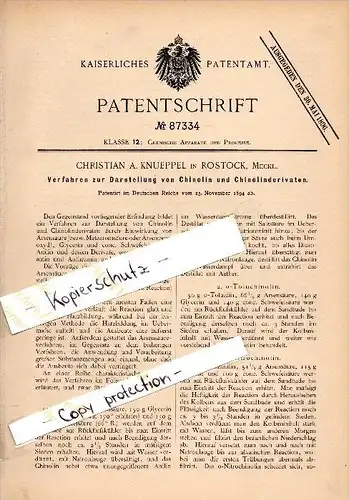 Original Patent -  Christian Knueppel in Rostock i. Mecklenburg , 1894 , Darstellung von Chinolin , Chemie  , Labor !!!