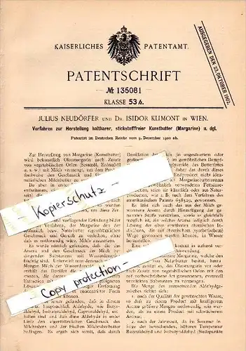 Original Patent - J. Neudörfer und Dr. I. Klimont in Wien , 1900 ,  Herstellung haltbarer Butter , Margarine !!!