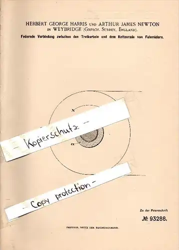 Original Patent - A. Newton in Weybridge , Surrey ,1896 , Connection of the pedal crank and chain wheel , bicycle !!!