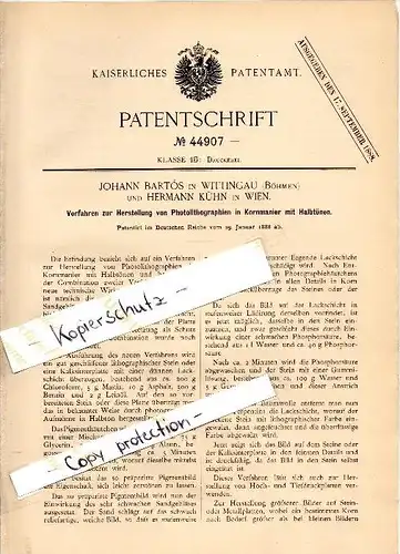 Original Patent -J. Bartos in Wittingau / Trebon ,1888, Herstellung von Photo - Litographie , Druckerei ,H. Kühn in Wien