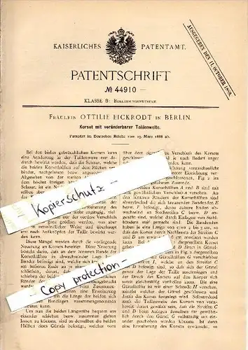 Original Patent - Ottilie Eickrodt in Berlin , 1888 , corset , Korsett !!!