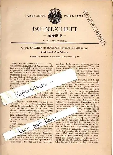 Original Patent - Carl Salcher in Harland / St. Pölten , 1887 , Zinkdruck , Druckerei , Zink , Buchdruck !!!
