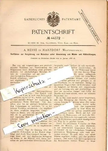 Original Patent -A. Hesse in Marzdorf i. Westpreussen ,1888, Vergährung von Maische , Brauerei , Alkohol , Marcinkowice