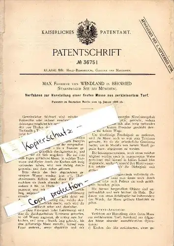 Original Patent - Max Freiherr von Wendland in Bernried / Starnberger See , 1886 , Masseherstellung aus Torf , München !