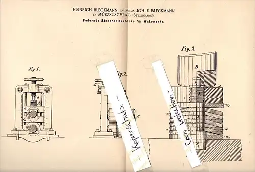Original Patent - Heinrich Bleckmann in Mürzzuschlag , Steiermark , 1885 , Walzwerk - Sicherheitsstöcke , Maschinenbau !