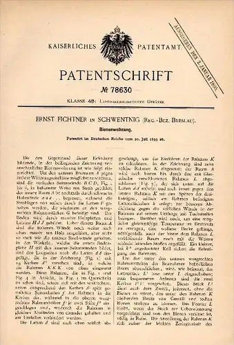 Original Patent - Ernst Fichtner in Schwentnig b. Breslau , 1893 , Wohnung für Bienen , Imkerei , Imker , Schlesien !!!