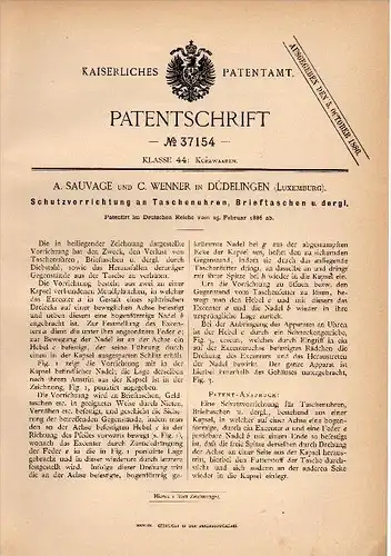 Original Patent - A. Sauvage und C. Wenner in Düdelingen / Dudelange , 1886 , Schutz für Taschenuhren , Uhr , Luxemburg