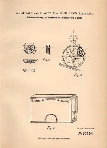 Original Patent - A. Sauvage und C. Wenner in Düdelingen / Dudelange , 1886 , Schutz für Taschenuhren , Uhr , Luxemburg