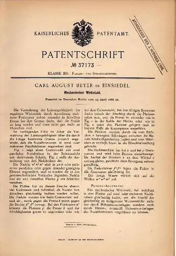 Original Patent -  Carl August Beyer in Einsiedel b. Chemnitz , 1886 , mechanischer Wirkstuhl , Strickerei !!!