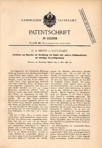 Original Patent - C.A. Hirth in Stuttgart , 1898 , Maschine zur Herstellung von Kugeln , Metallbau !!!