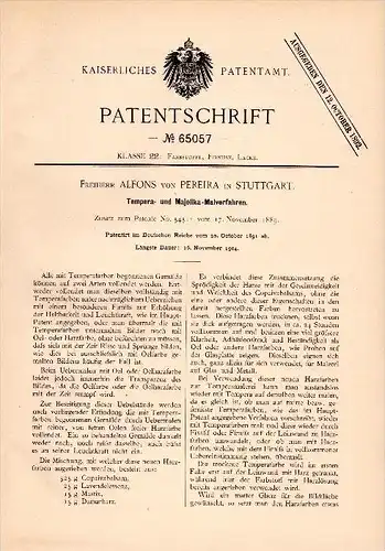 Original Patent - Freiherr Alfons von Pereira in Stuttgart ,1891, Tempera- und Majolika - Malverfahren , Malerei , Maler