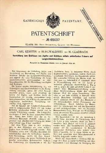 Original Patent -  Carl Kersten in Burgwaldniel b. Schwalmtal ,1892, Langlochbohrmaschine zum Fräsen , Holz , Tischlerei