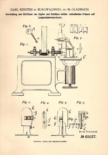 Original Patent -  Carl Kersten in Burgwaldniel b. Schwalmtal ,1892, Langlochbohrmaschine zum Fräsen , Holz , Tischlerei