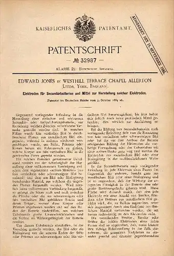 Original Patent - Edward Jones in Westhill Terrace Chapel Allerton , 1884 , Manufacture of batteries , Electrical !!!