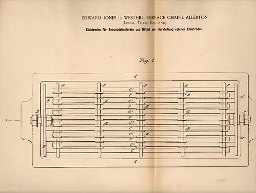 Original Patent - Edward Jones in Westhill Terrace Chapel Allerton , 1884 , Manufacture of batteries , Electrical !!!