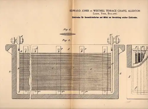 Original Patent - Edward Jones in Westhill Terrace Chapel Allerton , 1884 , Manufacture of batteries , Electrical !!!