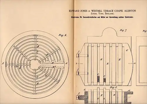 Original Patent - Edward Jones in Westhill Terrace Chapel Allerton , 1884 , Manufacture of batteries , Electrical !!!